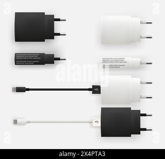 Realistic 3D USB micro cables, connectors, sockets and plug. Set of Isolated white and black connectors. Used for mobile phone or smartphone charging Stock Vector
