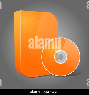 Bright realistic orange isolated DVD, CD, Blue-Ray smooth shaped case with DVD, CD disk on grey background. With place for your text and pictures. Vec Stock Vector