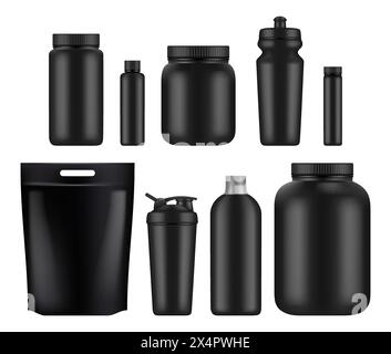 Sport nutrition. Fitness whey plastic jar and bottles power food for supplements gym athletes blank vector mockup. Container fitness protein, drink nu Stock Vector