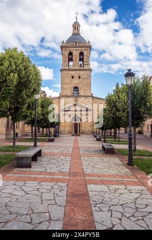 Highlight the Imposing main facade of the Ciudad Rodrigo cathedral in Spain: a guided visual journey along the central promenade of the front square. Stock Photo