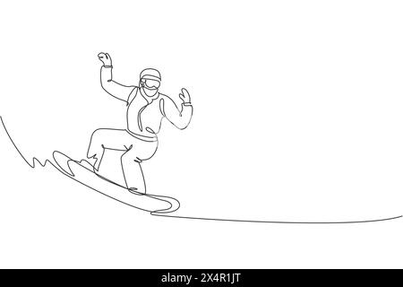 One continuous line drawing of young sporty man snowboarder riding snowboard in alps snowy powder mountain. Winter lifestyle sport concept. Dynamic si Stock Vector