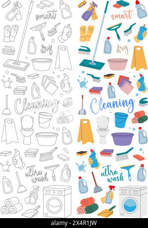 Housekeeping set. Floor mop, bucket, plunger, scoop, sponges, washcloths, brushes, toilet cleaners, towels, rags, gloves. Cleaning service tools. Stock Vector