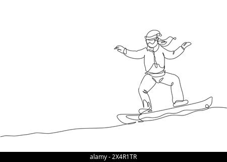 Single continuous line drawing of young sportive snowboarder woman riding snowboard at mountain. Outdoor extreme sport. Winter season vacation concept Stock Vector