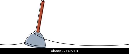 Toilet plunger one line colored continuous drawing. Cleaning service tools continuous one line illustration. Vector linear illustration. Stock Vector