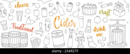 Fruit cider outline set. Wooden barrels, cans, glasses, mugs, metal keg, bottle opener, tap. Cider process production. Craft fruit beer collection. Stock Vector
