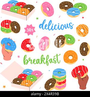 Donuts set banner. Glazed doughnuts with sprinkles. Bakery sweet pastry food. Hand drawn elements for confectionery menu, bakery shop. Stock Vector