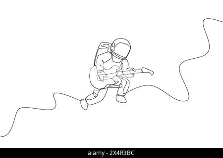 One continuous line drawing of astronaut with spacesuit playing acoustic guitar in galaxy universe. Outer space music concert concept. Dynamic single Stock Vector