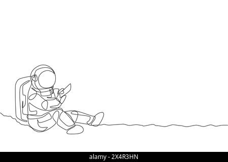 Single continuous line drawing of astronaut siting on moon surface and texting to partner in earth. Business office with galaxy outer space concept. T Stock Vector