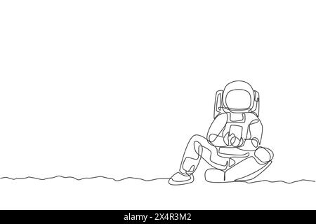 One continuous line drawing of young spaceman on spacesuit siting relax on moon surface while texting. Astronaut business office with deep space conce Stock Vector
