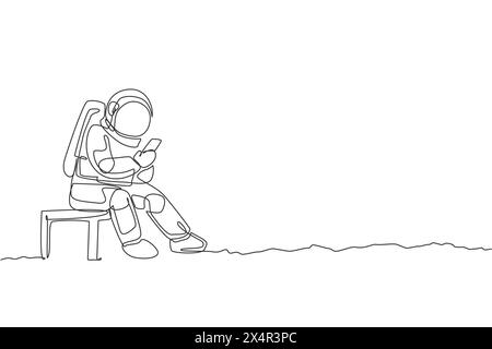 One continuous line drawing of young spaceman on spacesuit siting on chair and texting using handphone. Astronaut business office with deep space conc Stock Vector