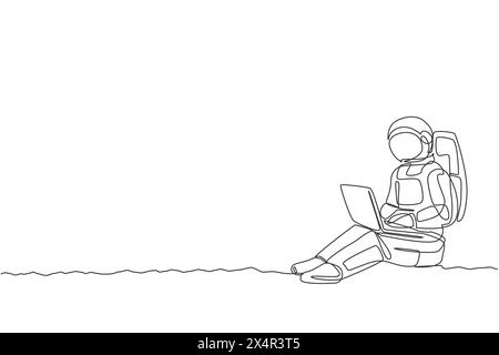 Single continuous line drawing of astronaut sitting in moon surface while typing on laptop computer. Business office with galaxy outer space concept. Stock Vector