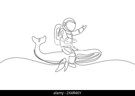 One continuous line drawing of spaceman take a walk riding a blue whale, giant mammal animal in galaxy nebula. Deep space journey concept. Dynamic sin Stock Vector
