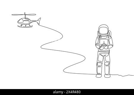 Single continuous line drawing of astronaut playing helicopter radio control in moon surface. Having fun in leisure time on outer space concept. Trend Stock Vector