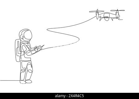 Single continuous line drawing astronaut playing drone plane radio control in moon surface. Having fun in leisure time on outer space concept. Trendy Stock Vector