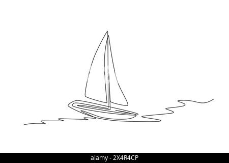 One continuous line drawing of sail boat sailing on the sea. Water transportation vehicle concept. Dynamic single line draw design graphic vector illu Stock Vector
