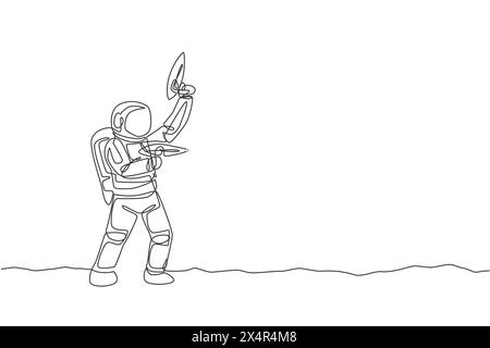 One continuous line drawing of young astronaut shoot using space laser gun to kill enemy in moon surface. Cosmic galaxy space concept. Dynamic single Stock Vector