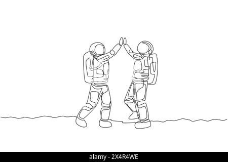 Single continuous line drawing of two young astronauts giving high five gesture to celebrate a success in moon surface. Space man cosmic galaxy concep Stock Vector