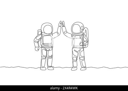 One continuous line drawing of two young happy astronauts giving high five gesture to celebrate teamwork in moon surface. Spaceman concept. Dynamic si Stock Vector