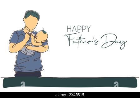 One single line drawing of young father feeding his baby full of care vector illustration. Happy father's day concept. Greeting card with typography. Stock Vector