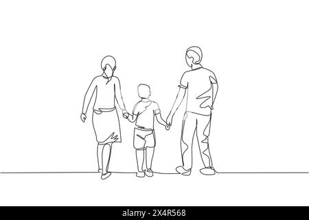 One single line drawing of young happy mother and father lead their son walking together, holding his hands graphic vector illustration. Parenting edu Stock Vector