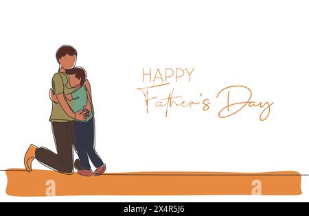 Single continuous line drawing of young father hugging his son full of warmth. Happy father's day concept. Greeting card with typography. Trendy one l Stock Vector