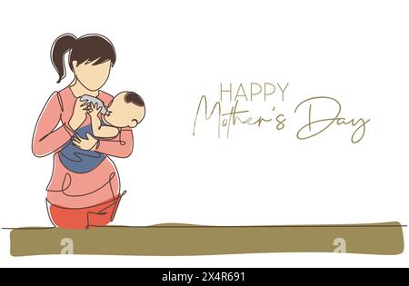 Single continuous line drawing of young mother feeding her baby full of warmth. Happy mother's day concept. Greeting card with typography. Trendy one Stock Vector