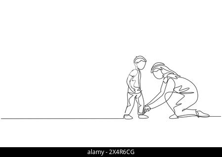 One continuous line drawing of young Arabian dad help his son to tie shoelaces before go to school. Happy Islamic muslim loving parenting family conce Stock Vector