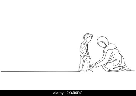 One single line drawing of young Islamic mom help her son to tie shoelace before go to the school vector illustration. Happy Arabian muslim family par Stock Vector