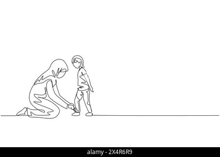 Single continuous line drawing of young Arabian mom help her son to tie shoelace before go to school, happy parenting. Islamic muslim family care conc Stock Vector