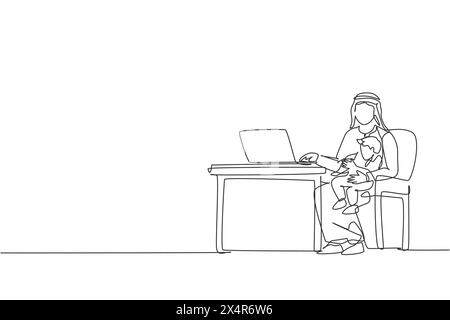 One single line drawing of young Islamic father typing on laptop and hugging his son vector illustration. Work from home. Happy Arabian muslim family Stock Vector