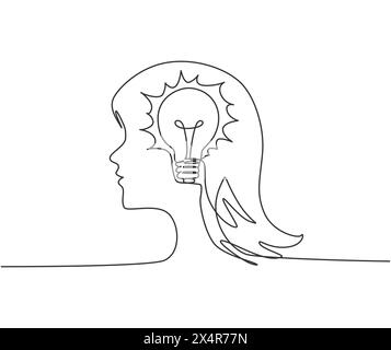 Single continuous line drawing of human woman head with shining lightbulb inside for logo label. Creativity company logotype symbol template concept. Stock Vector