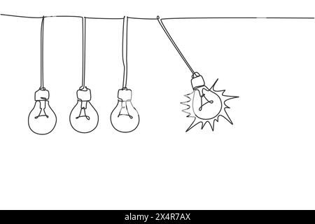 One continuous line drawing of pendulum light bulb swinging ready to break other bulb logo emblem. Suitable for wall poster concept. Trendy single lin Stock Vector