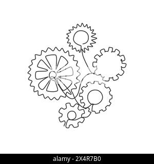 Single continuous line drawing of gear engine mechanic for logo label. Teamwork at industrial company logotype symbol template concept. Dynamic one li Stock Vector