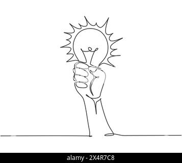 One single line drawing of human hand hold light bulb logo identity. Power up energy logotype icon template concept. Dynamic continuous line draw desi Stock Vector