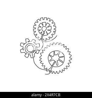 One continuous line drawing of mechanical engine gear icon logo emblem. Round wheel metal symbol logotype template for business teamwork concept. Mode Stock Vector