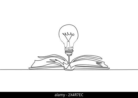 One single line drawing of shining light bulb above open text book logo identity. Knowledge study club logotype icon template concept. Dynamic continu Stock Vector