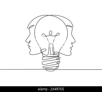One single line drawing of two men face with light bulb at the center logo identity. Human creativity company logotype icon template concept. Continuo Stock Vector