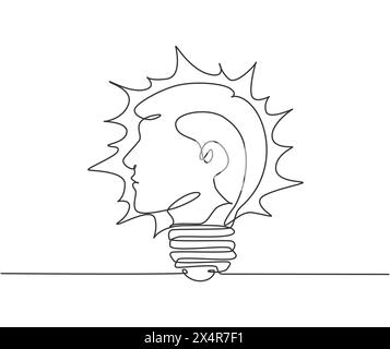 One continuous line drawing of human head from side view inside shining light bulb logo emblem. Smart company logotype icon template concept. Modern s Stock Vector
