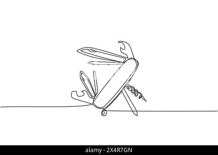 Single continuous line drawing of multi purpose pocket knife for outdoor camping equipment. Multi function tool hover concept. Modern one line draw de Stock Vector