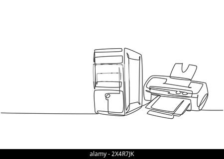 One single line drawing of cpu computer with inkjet printer for small home office. Electricity business equipment tools concept. Dynamic continuous li Stock Vector