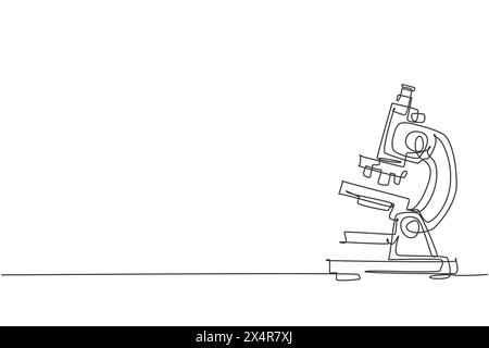 Single one line drawing of lab microscope to magnify bacteria size under the lens. Back to school minimalist, education concept. Continuous simple lin Stock Vector
