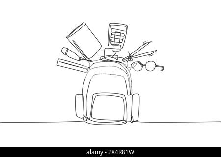 Single continuous line drawing of school bag set with glasses, calculator, book, ruler, pen. Back to school minimalist style. Education concept. Moder Stock Vector