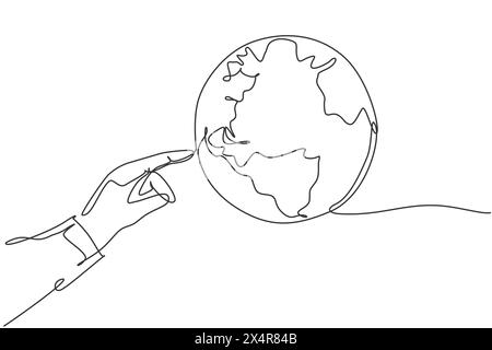 Finger touch globe earth. Single continuous line world global map graphic icon. Simple one line doodle for technology concept. isolated vector illustr Stock Vector