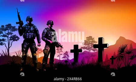 Memorial Day, Veterans Day, Independence Day or Patriot Day background. Soldier with Burial tombstones at sunset vector illustration Stock Vector