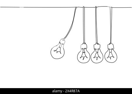 Single continuous line drawing of pendulum light bulbs swinging hit other bulbs logo label. Poster wall decor concept. Modern one line draw graphic de Stock Vector