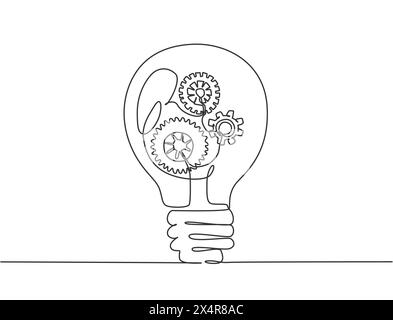 Single continuous line drawing of clean lightbulb with gear wheel mechanic inside for logo label. Creative workshop logotype symbol template concept. Stock Vector
