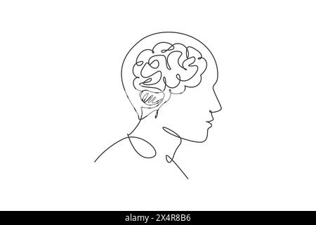 One continuous line drawing of human head with smart brain inside from side view logo icon. Psychological office logotype symbol template concept. Tre Stock Vector