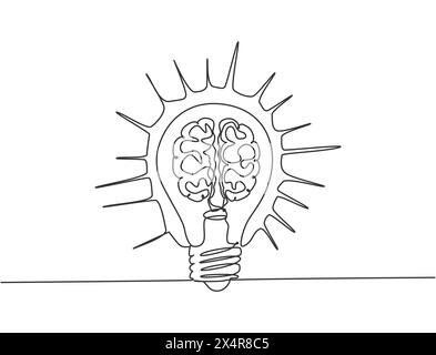 One continuous line drawing of shining lightbulb with human brain organ inside icon logo emblem. Food supplement symbol logotype template concept. Mod Stock Vector