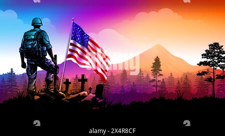 Veterans Day, Independence Day or Patriot Day background. Soldier with tombstones and USA flag at sunset landscape vector Stock Vector