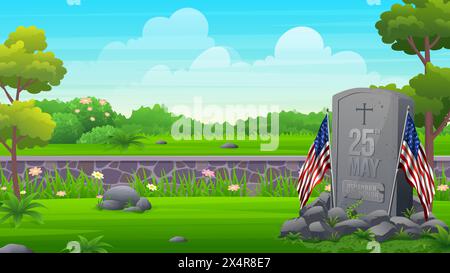 Memorial Day, Independence Day, Veterans Day or Patriot Day background. Headstones and National flags in National Cemetery landscape Stock Vector